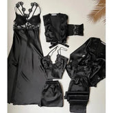 6-Piece Long Slit Silk Nighty Set in Black – Luxurious Nightwear for Women Night Wear
