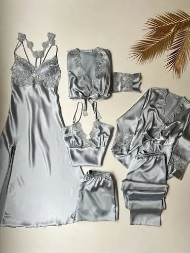 6-Piece Long Slit Silk Nighty Set in Grey – Luxurious Nightwear for Women   Night Wear