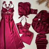 6-Piece Long Slit Silk Nighty Set in Maroon – Luxurious Nightwear for Women Night Wear