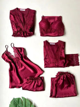 Burgundy Satin 6-Piece Nightgown & Dressing Gown Set with Guipure Lace Details Night Wear