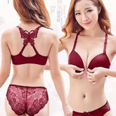 Butterfly Printed Cloud Front Open Padded Bra and Panty Set - Red Bra Set