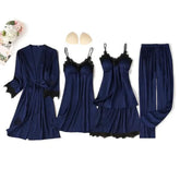 Luxurious 5-Piece Silk Satin Lace Sleepwear Set Blue-Extra-Large Night Wear