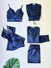 Navy Blue Satin 6-Piece Nightgown & Dressing Gown Set with Guipure Lace Details Night Wear
