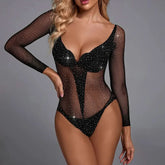 Rhinestone Deep V-Neck Sheer Half Bodystocking Stocking
