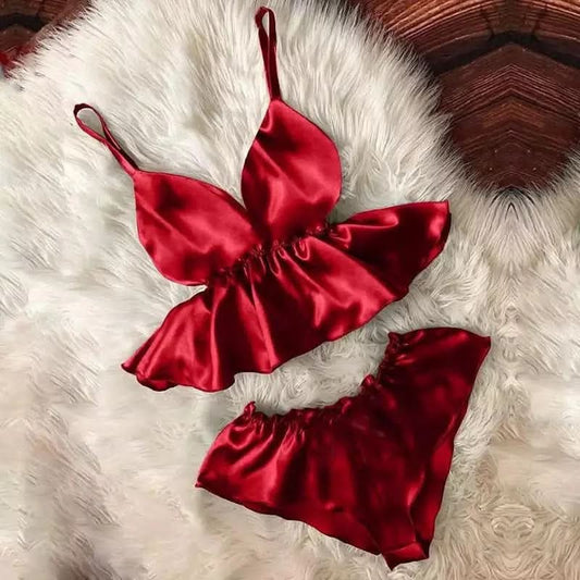 Women’s V-Neck Eyelash Lace Satin Camisole & Bowknot Shorts Set – Luxurious Nightwear for Seductive Comfort  Red Night Wear
