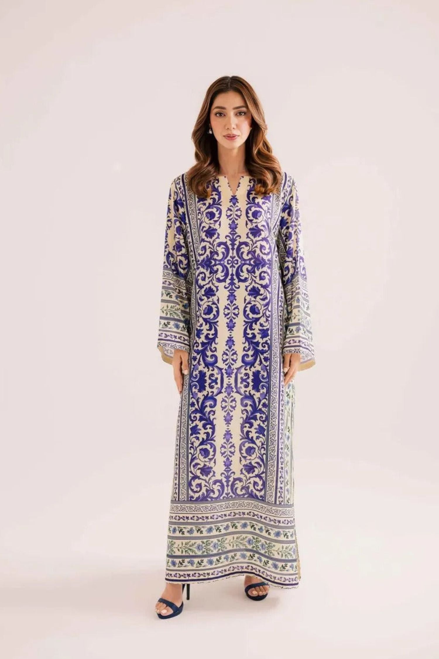 Ivory Blue | Printed Kaftan | Silk | 2 Piece