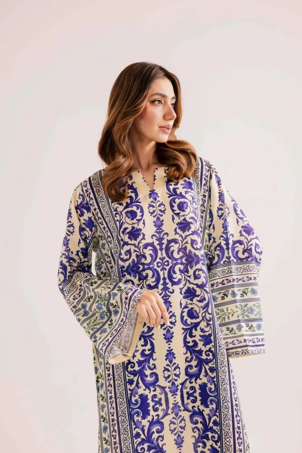 Ivory Blue | Printed Kaftan | Silk | 2 Piece