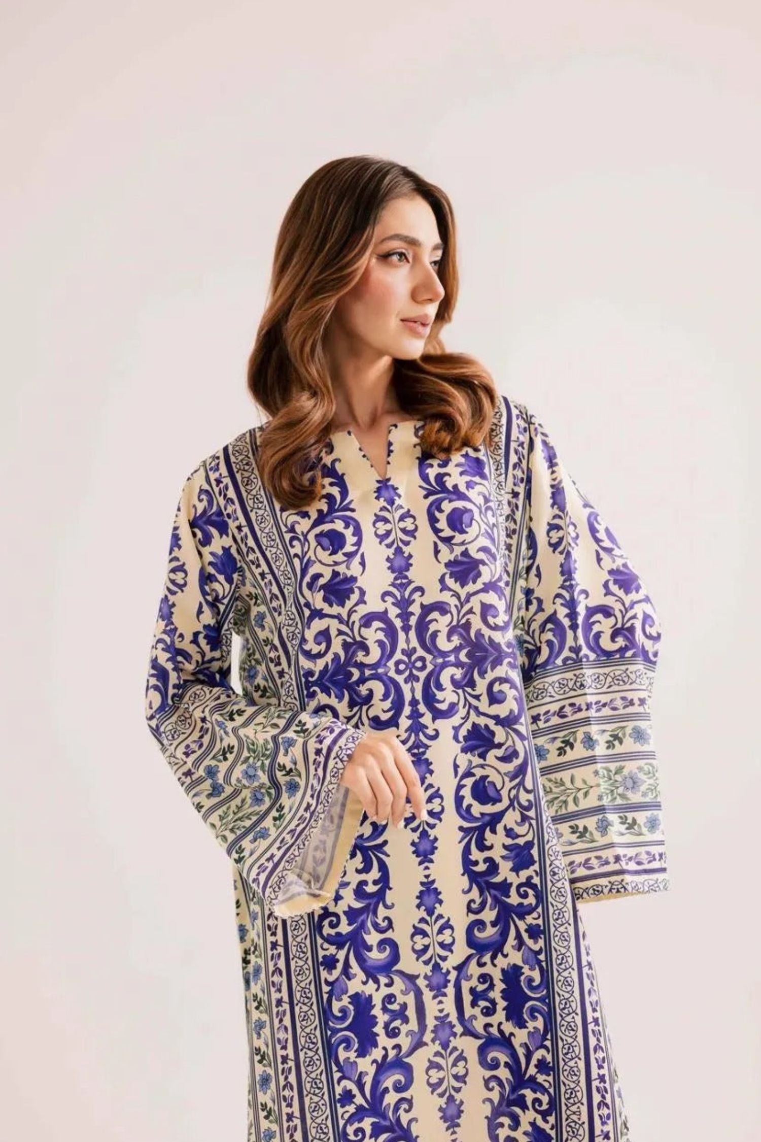 Ivory Blue | Printed Kaftan | Silk | 2 Piece