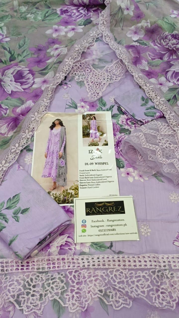 Iznik | Embroidered Lawn 3 Piece Unstitched Suit PURPLE-IL-DL-09   3PC