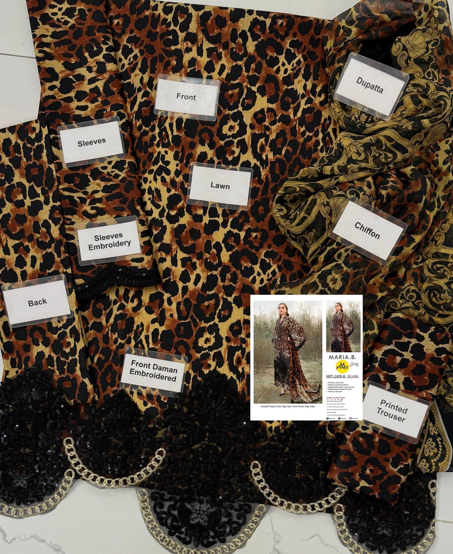 Maria-B Embroidered 3pc Lawn Embroidered Dress with Printed Chiffon Dupatta   3PC