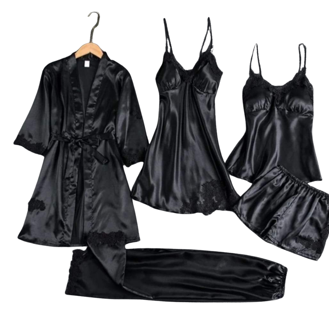 Royal Silk 5-Piece Bridal Nightgown Set  Black / Extra large Night Wear