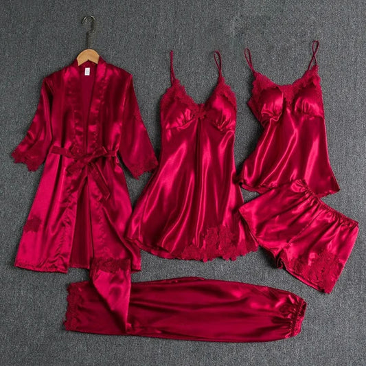 Royal Silk 5-Piece Bridal Nightgown Set  Maroon / Extra large Night Wear