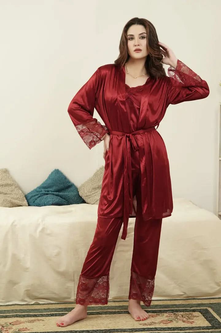 5-Piece Bridal Silk Long Slit Nighty Set   Night Wear