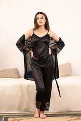 5-Piece Bridal Silk Long Slit Nighty Set  Black-Extra-Large Night Wear