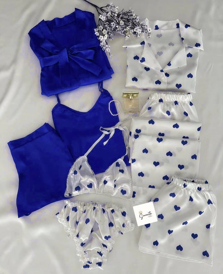 8-in-1 Heart Print Nightwear Set  Blue / Extra large