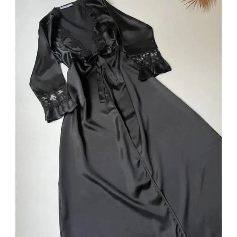 6-Piece Long Slit Silk Nighty Set in Black – Luxurious Nightwear for Women   Night Wear