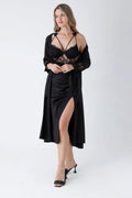 6-Piece Long Slit Silk Nighty Set in Black – Luxurious Nightwear for Women  Black-Extra-large Night Wear