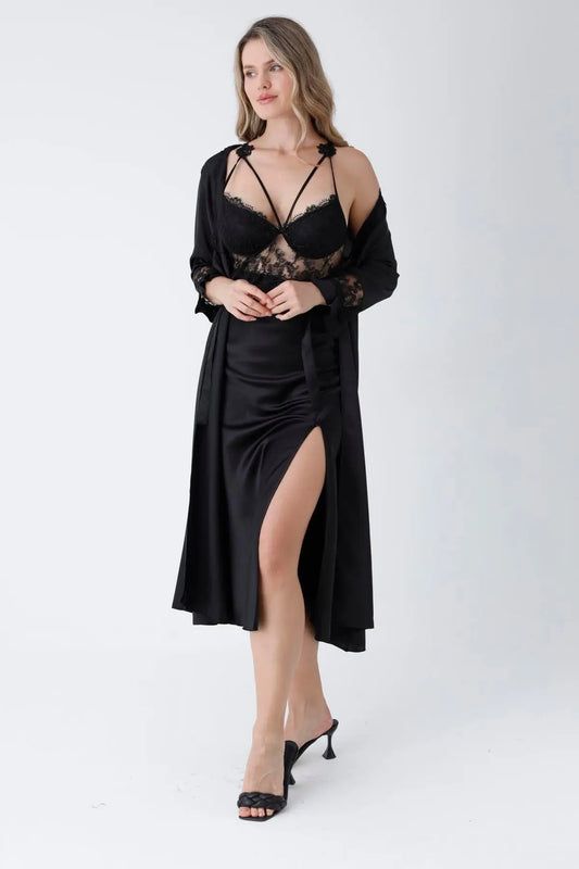 6-Piece Long Slit Silk Nighty Set in Black – Luxurious Nightwear for Women  Black-Extra-large Night Wear