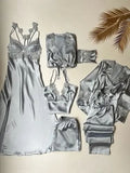 6-Piece Long Slit Silk Nighty Set in Grey – Luxurious Nightwear for Women   Night Wear