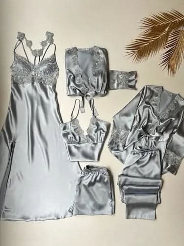6-Piece Long Slit Silk Nighty Set in Grey – Luxurious Nightwear for Women   Night Wear