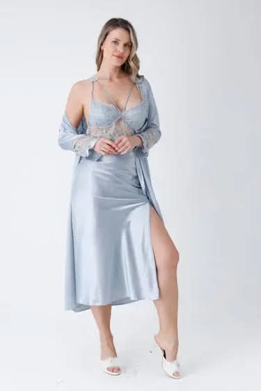 6-Piece Long Slit Silk Nighty Set in Grey – Luxurious Nightwear for Women   Night Wear
