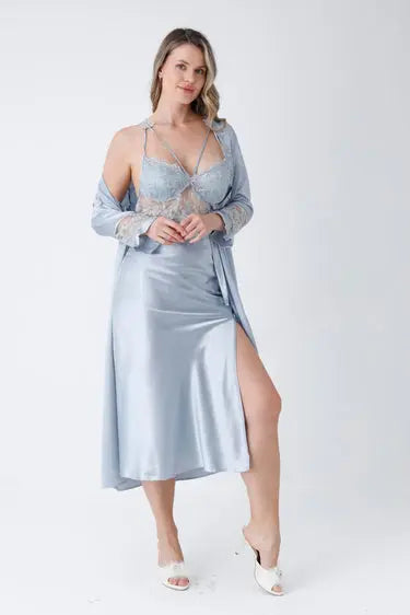 6-Piece Long Slit Silk Nighty Set in Grey – Luxurious Nightwear for Women   Night Wear