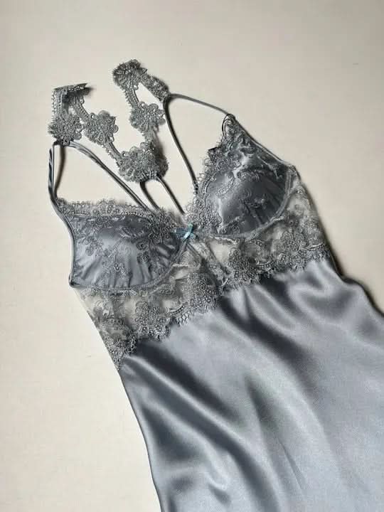 6-Piece Long Slit Silk Nighty Set in Grey – Luxurious Nightwear for Women   Night Wear