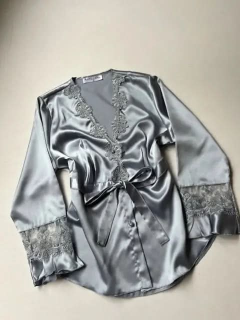 6-Piece Long Slit Silk Nighty Set in Grey – Luxurious Nightwear for Women   Night Wear