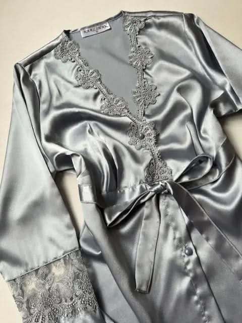 6-Piece Long Slit Silk Nighty Set in Grey – Luxurious Nightwear for Women   Night Wear