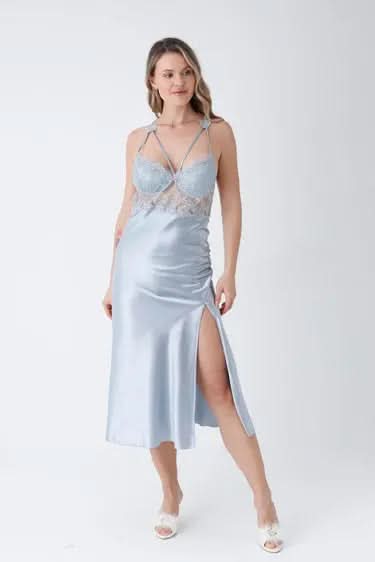 6-Piece Long Slit Silk Nighty Set in Grey – Luxurious Nightwear for Women   Night Wear