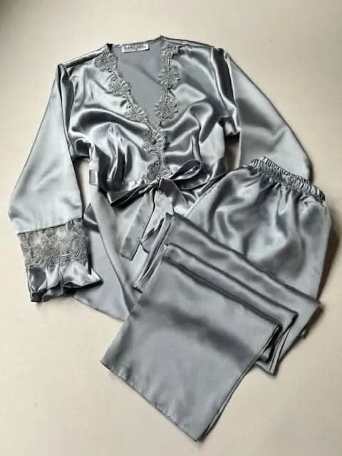 6-Piece Long Slit Silk Nighty Set in Grey – Luxurious Nightwear for Women   Night Wear