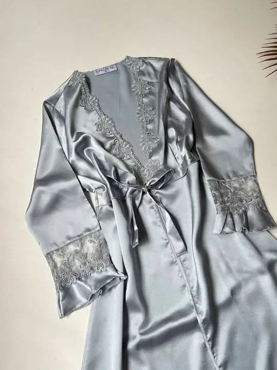 6-Piece Long Slit Silk Nighty Set in Grey – Luxurious Nightwear for Women   Night Wear