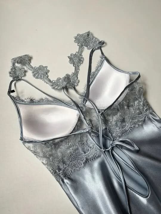 6-Piece Long Slit Silk Nighty Set in Grey – Luxurious Nightwear for Women   Night Wear