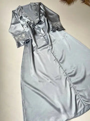 6-Piece Long Slit Silk Nighty Set in Grey – Luxurious Nightwear for Women   Night Wear