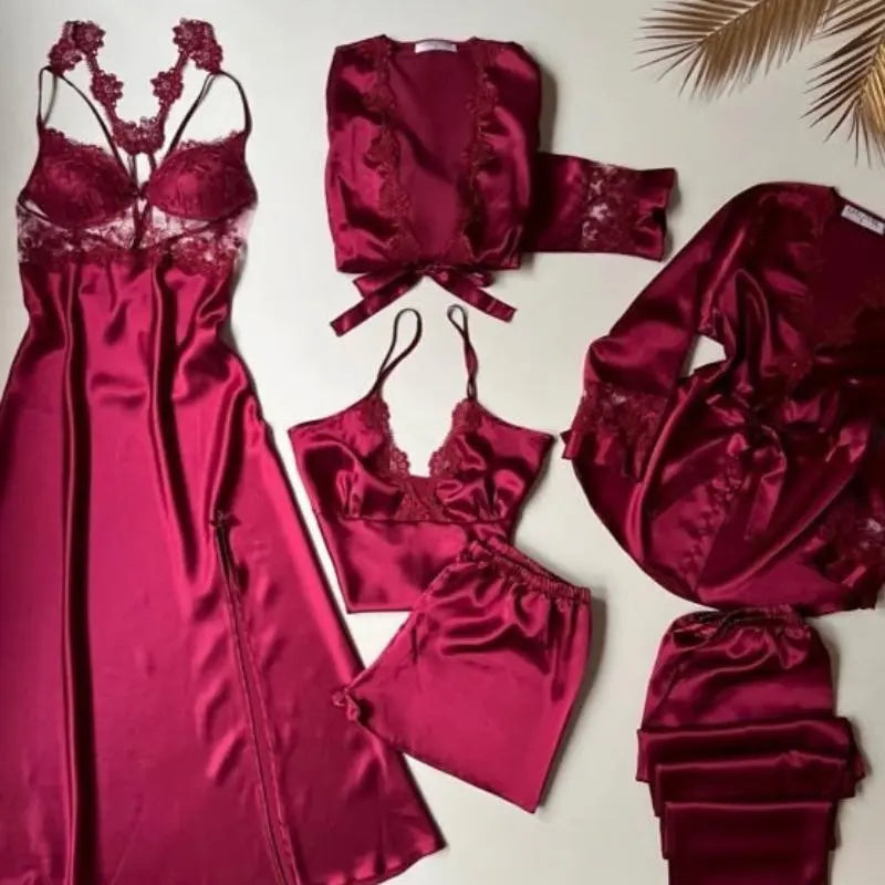 6-Piece Long Slit Silk Nighty Set in Maroon – Luxurious Nightwear for Women   Night Wear