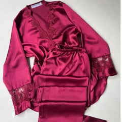 6-Piece Long Slit Silk Nighty Set in Maroon – Luxurious Nightwear for Women   Night Wear