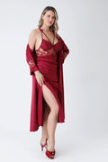 6-Piece Long Slit Silk Nighty Set in Maroon – Luxurious Nightwear for Women  Maroon-Extra-large Night Wear