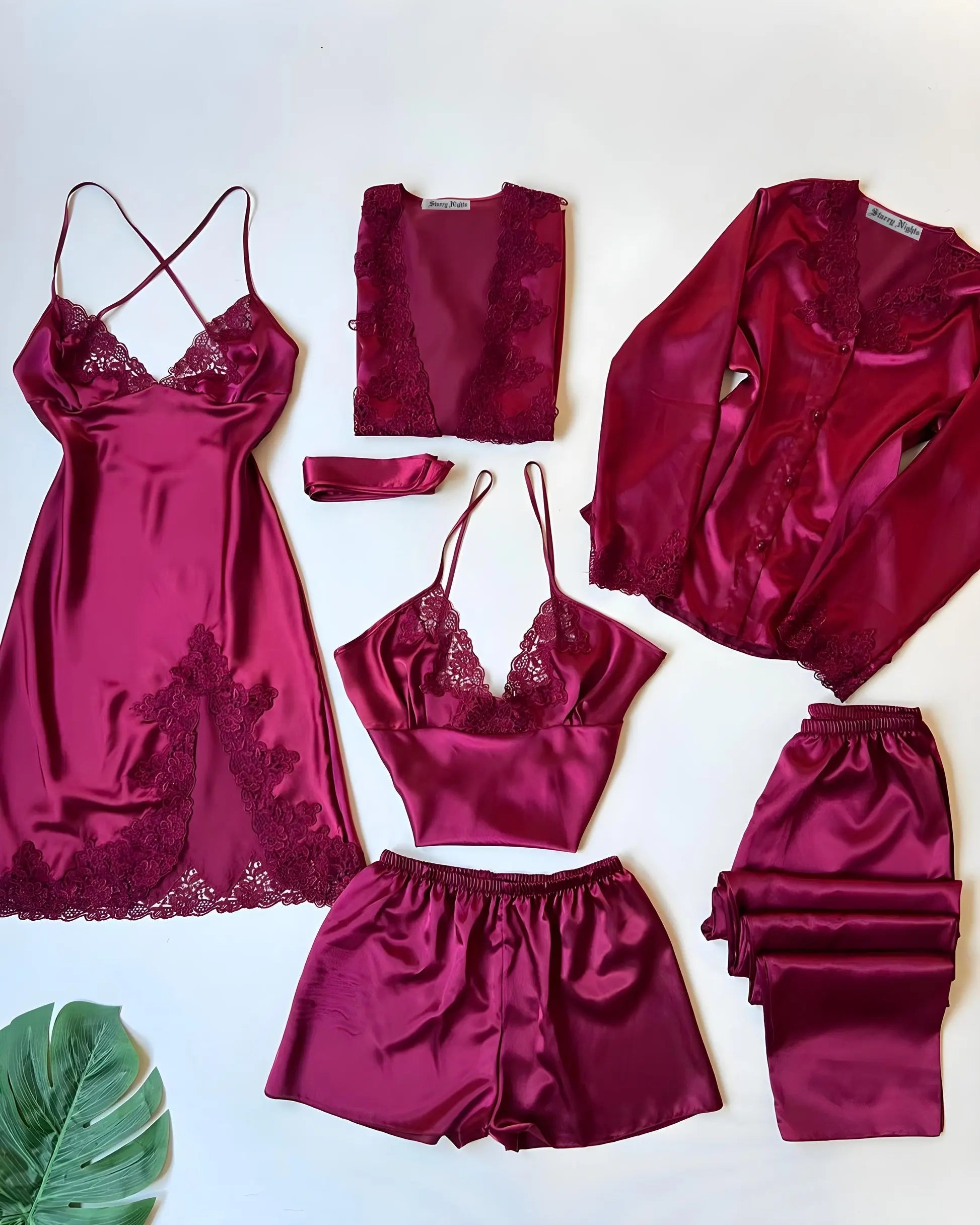 6-Piece Turkish Bridal Nighty Set  Maroon-Extra-large-Silk Night Wear