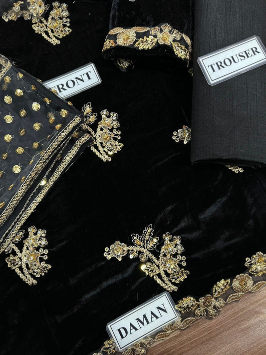 Afrozeh Black Luxury 9000 Micro Velvet Embroidered | 3 Piece | Unstitched   3PC