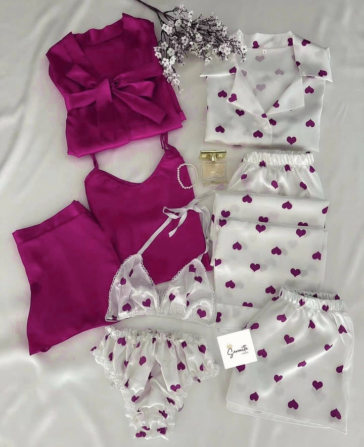 8-in-1 Heart Print Nightwear Set  Purple / Extra large Night Wear