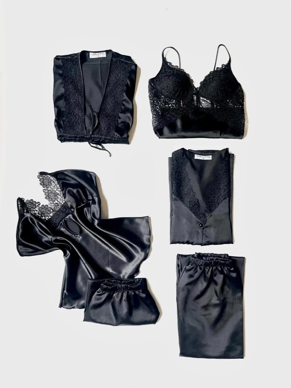 Black Satin 6-Piece Nightgown & Dressing Gown Set with Guipure Lace Details   Night Wear