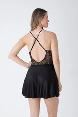 Black Satin 6-Piece Nightgown & Dressing Gown Set with Guipure Lace Details   Night Wear
