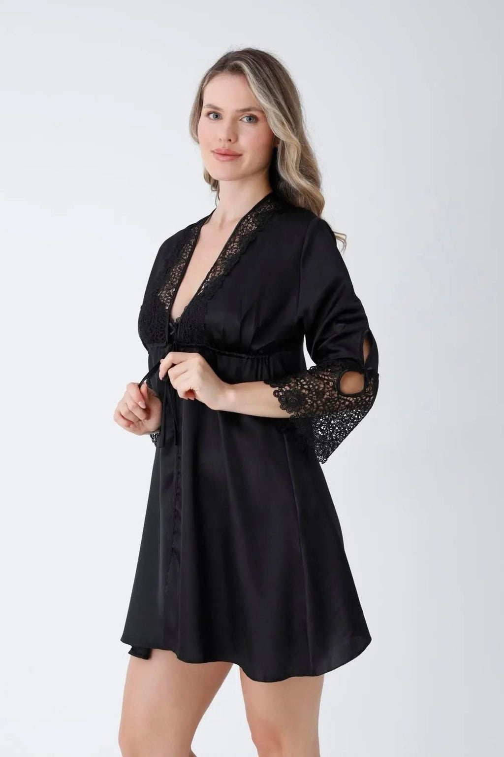 Black Satin 6-Piece Nightgown & Dressing Gown Set with Guipure Lace Details   Night Wear