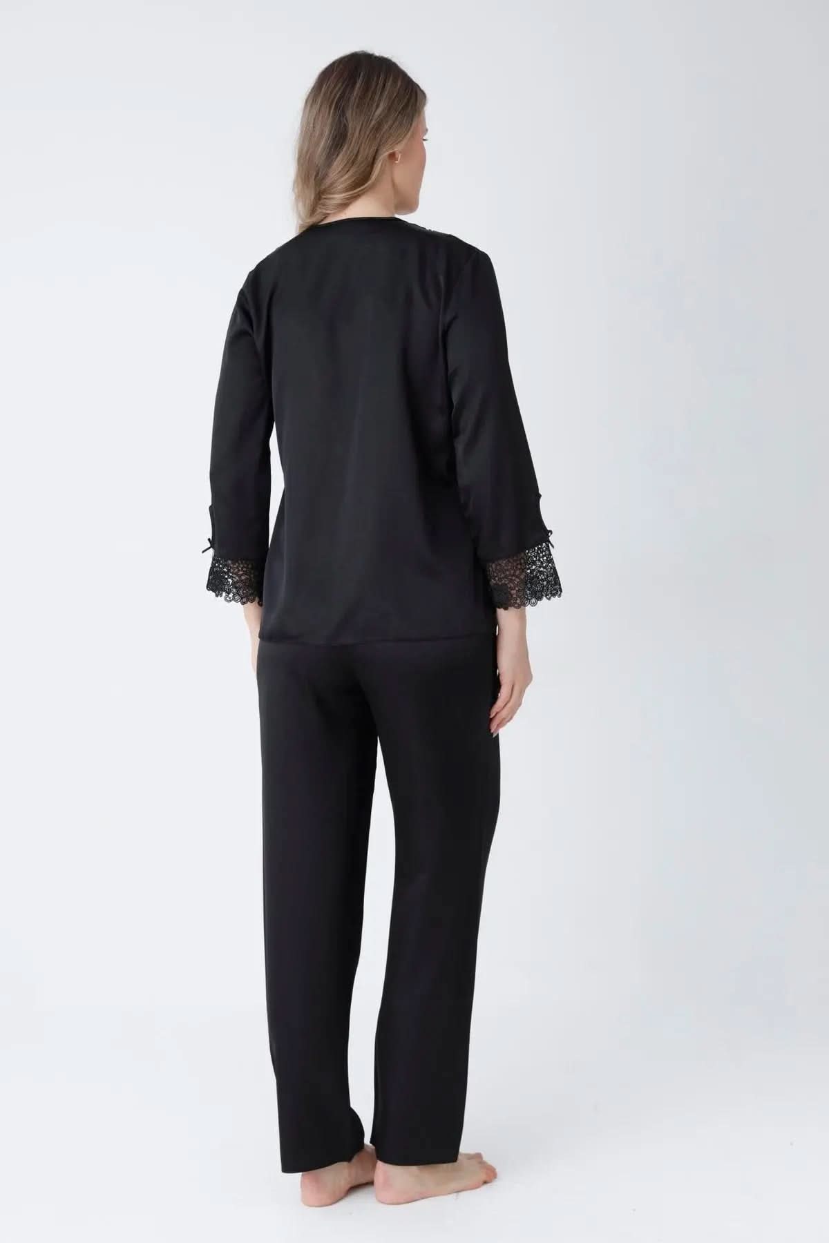 Black Satin 6-Piece Nightgown & Dressing Gown Set with Guipure Lace Details   Night Wear