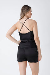 Black Satin 6-Piece Nightgown & Dressing Gown Set with Guipure Lace Details   Night Wear