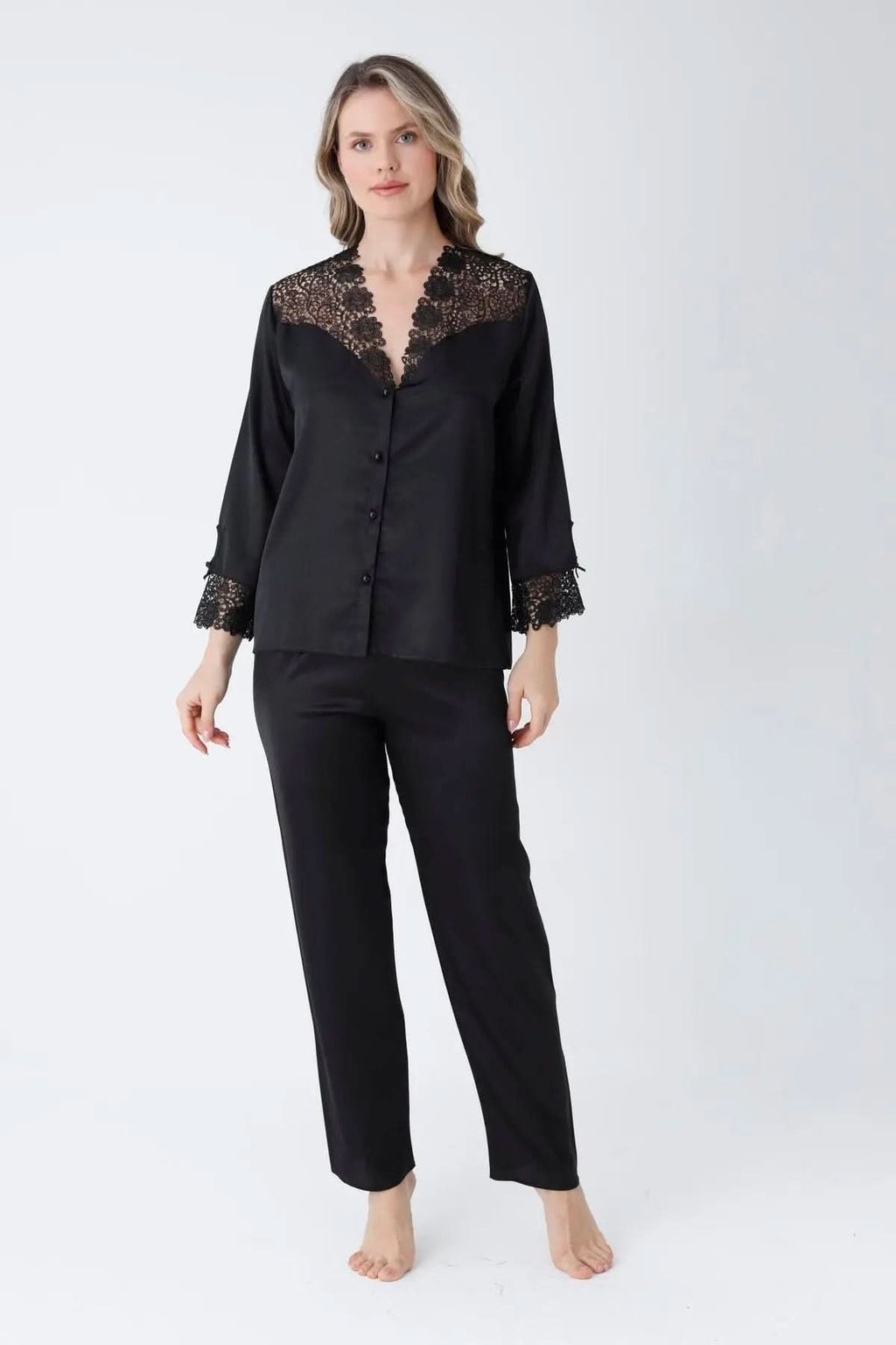 Black Satin 6-Piece Nightgown & Dressing Gown Set with Guipure Lace Details   Night Wear