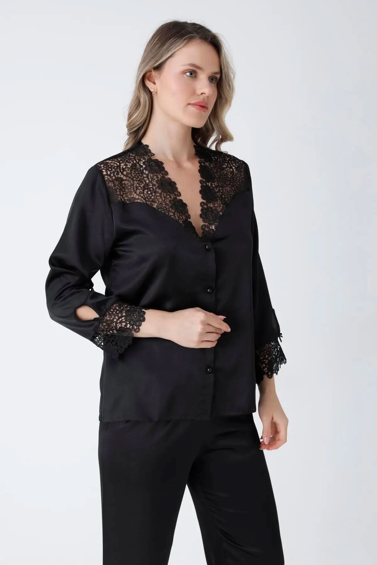Black Satin 6-Piece Nightgown & Dressing Gown Set with Guipure Lace Details   Night Wear