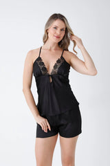 Black Satin 6-Piece Nightgown & Dressing Gown Set with Guipure Lace Details   Night Wear
