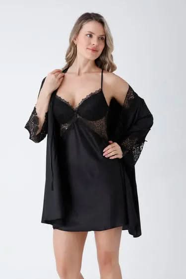 Black Satin 6-Piece Nightgown & Dressing Gown Set with Guipure Lace Details  Black-XL Night Wear