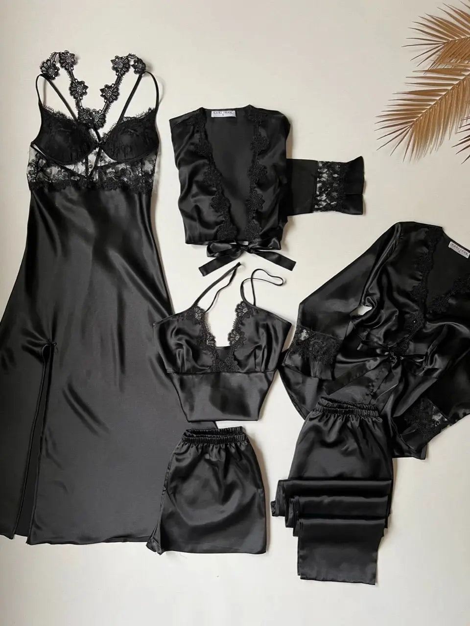 Black Satin 6-Piece Nightgown & Dressing Gown Set with Long Slit   Night Wear